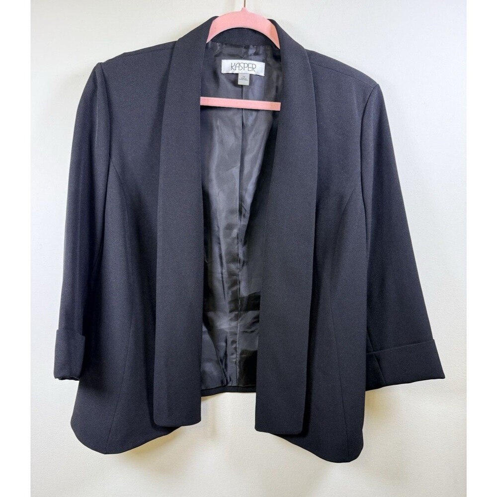 Kasper Women's Black Open Front 3/4 Sleeve Lined Blazer Jacket Size 14